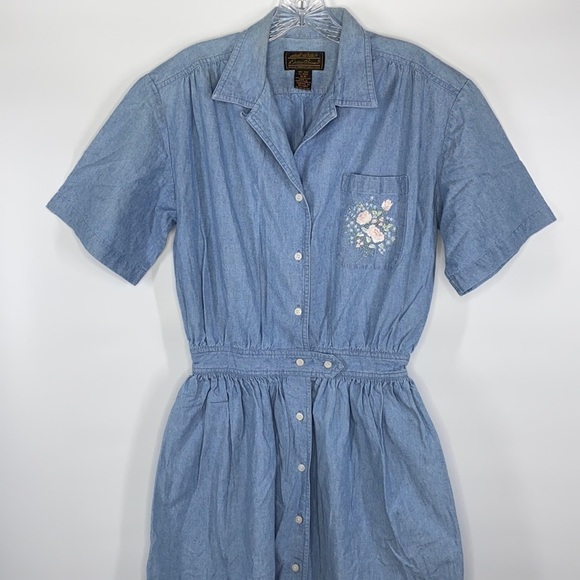 Vintage Eddie Bauer Cottagecore Denim Floral Button Front Short Sleeve Dress - Picture 4 of 10